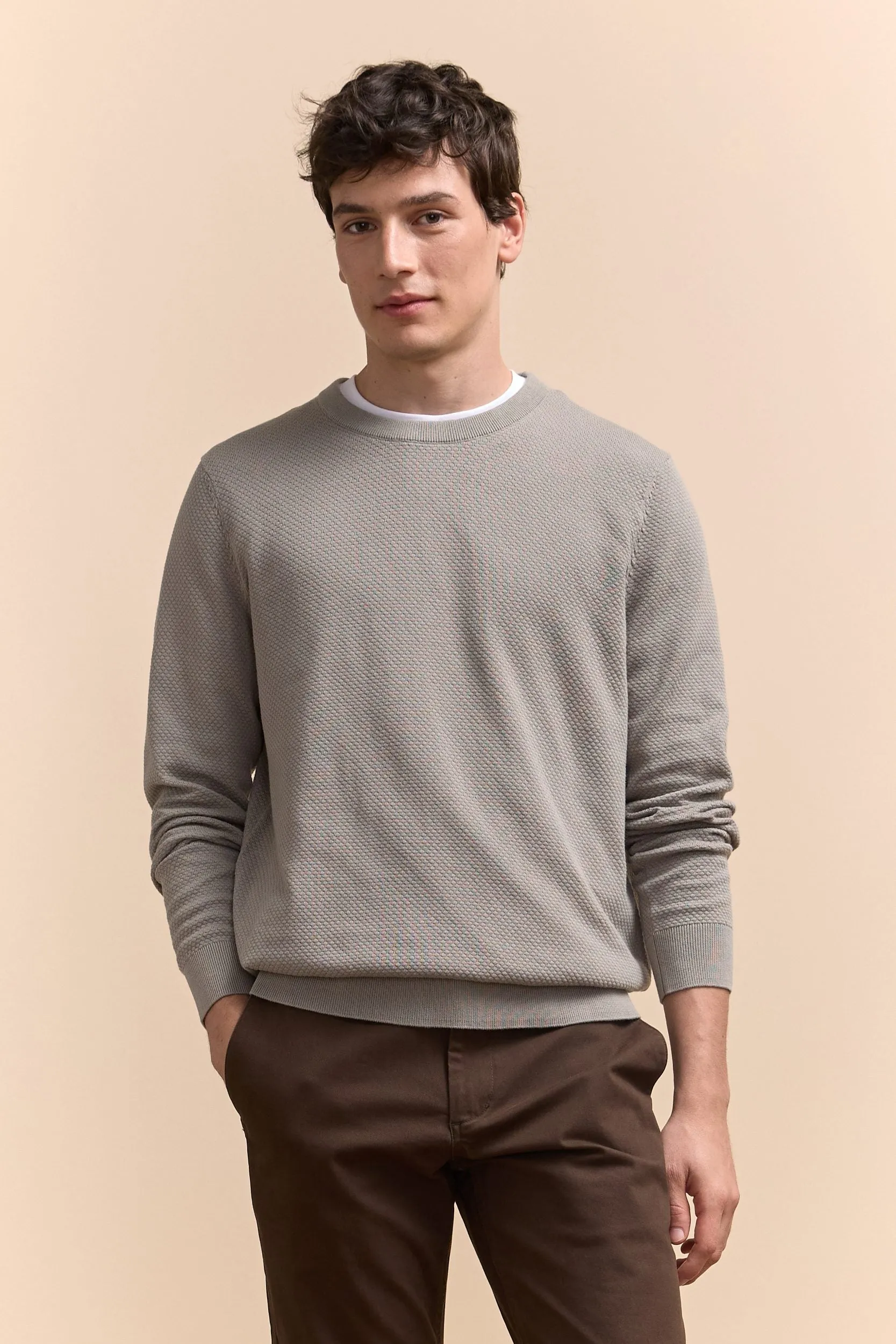 Textured crew neck sweater sold by Tristan Style