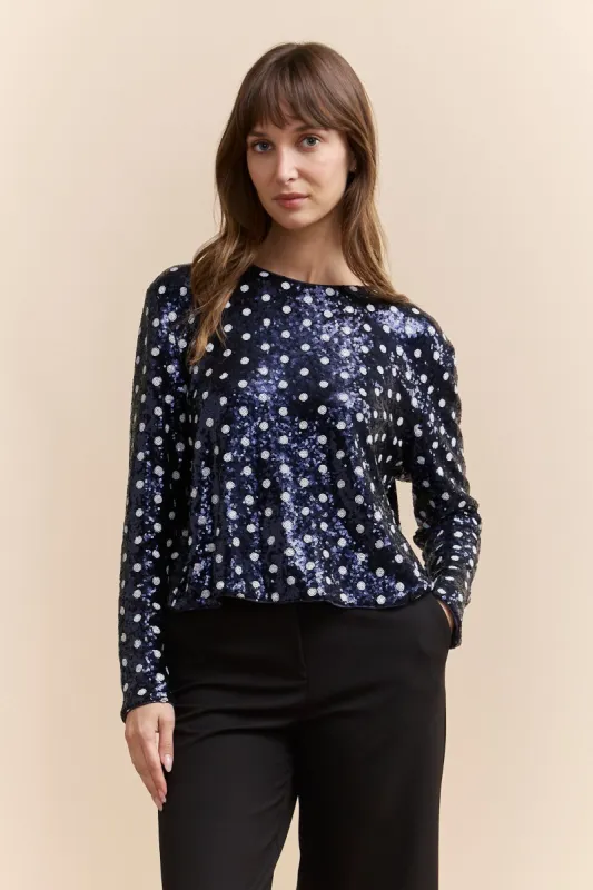 Polka dot sequin crop top with open back sold by Tristan Style