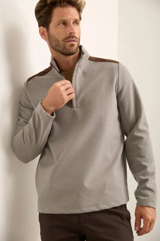 Stripe Effect Jersey Mock-Neck Zip Sweater sold by Tristan Style