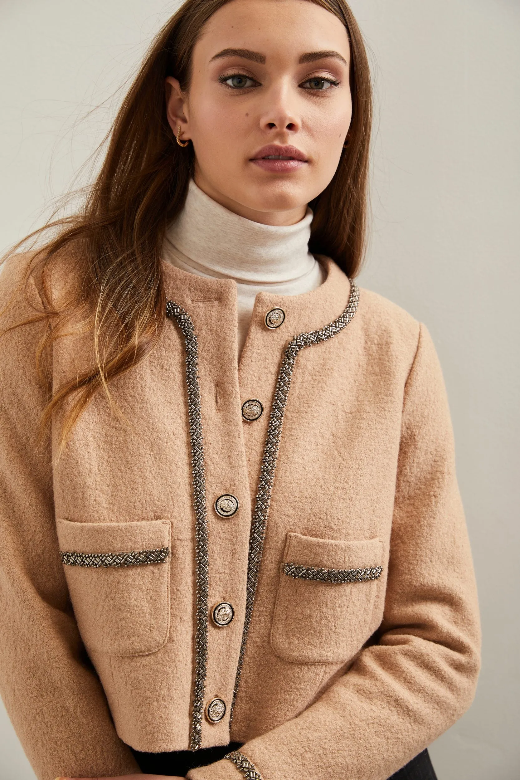 Boiled wool blend jacket with sequins detail sold by Tristan Style