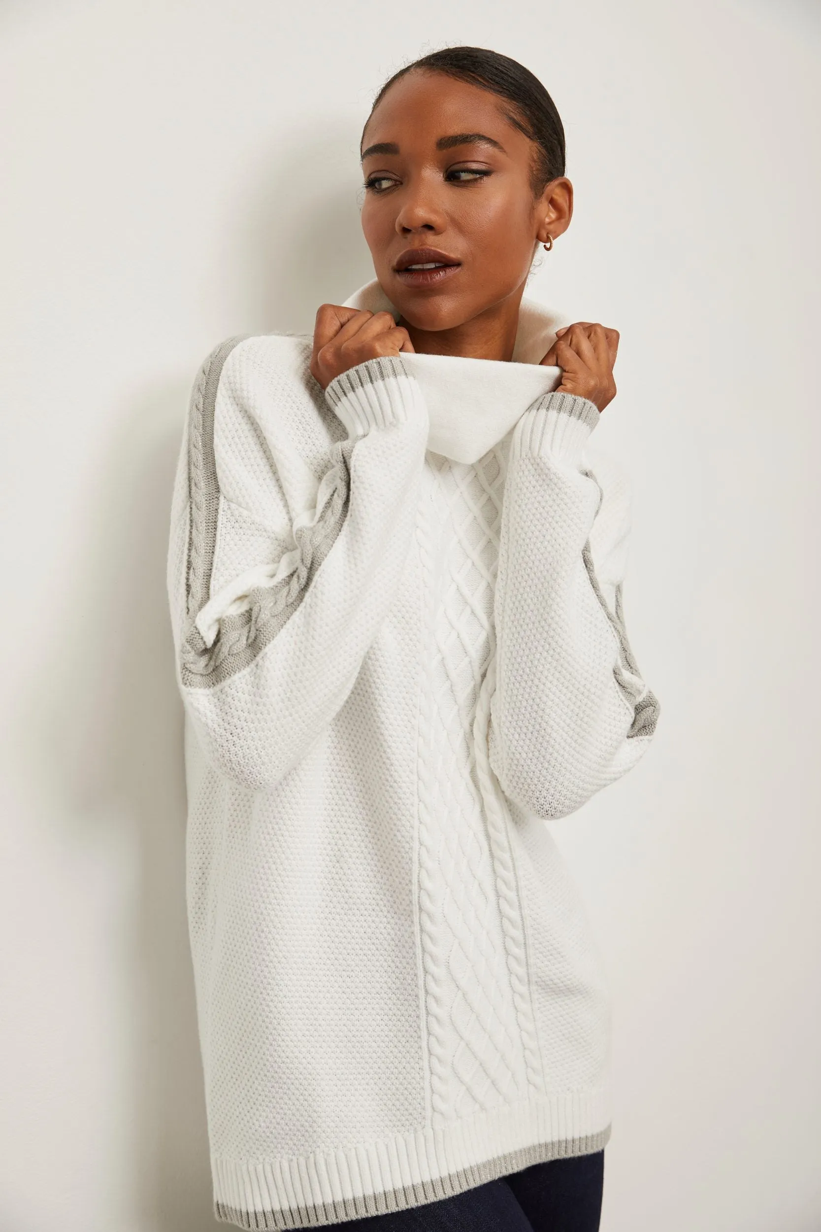 Oversized cable-knit sweater with wide collar sold by Tristan Style