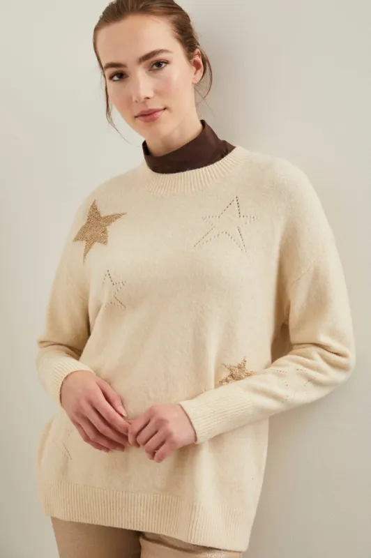 Crew neck sweater with lurex stars sold by Tristan Style
