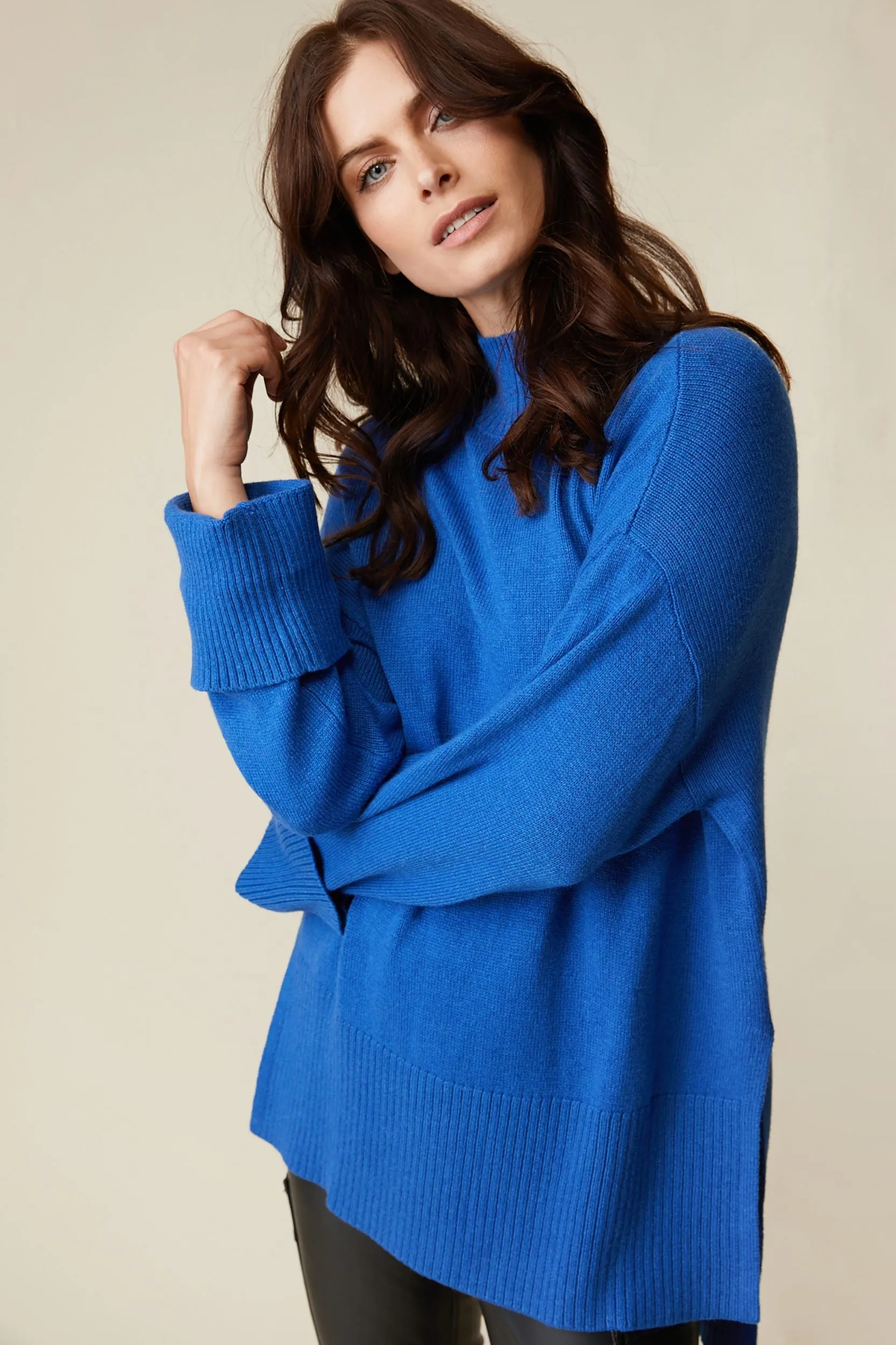 Cashmere blend sweater with large cropped sleeves sold by Tristan Style