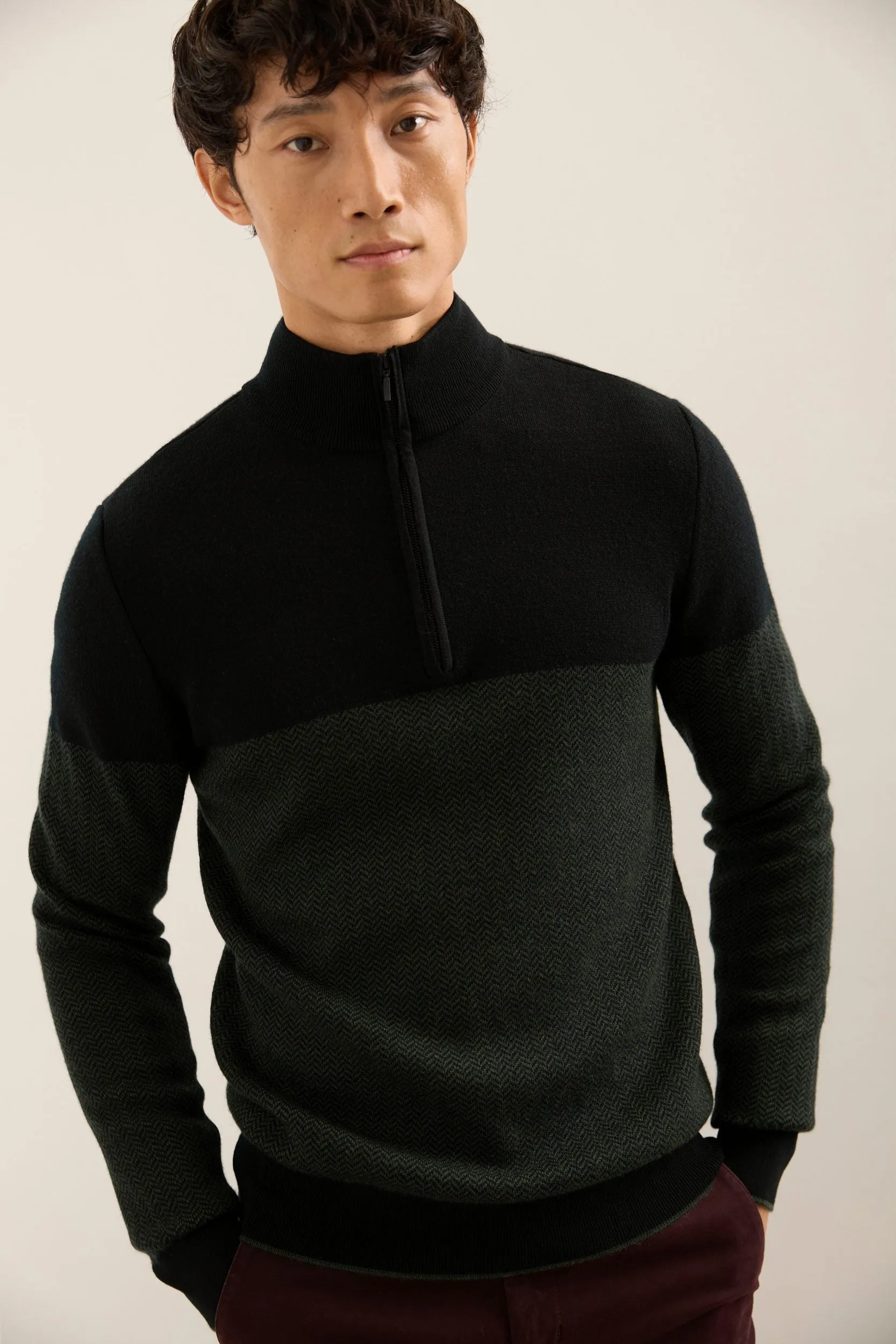 Herringbone Merino Wool Mock-Zip Sweater sold by Tristan Style