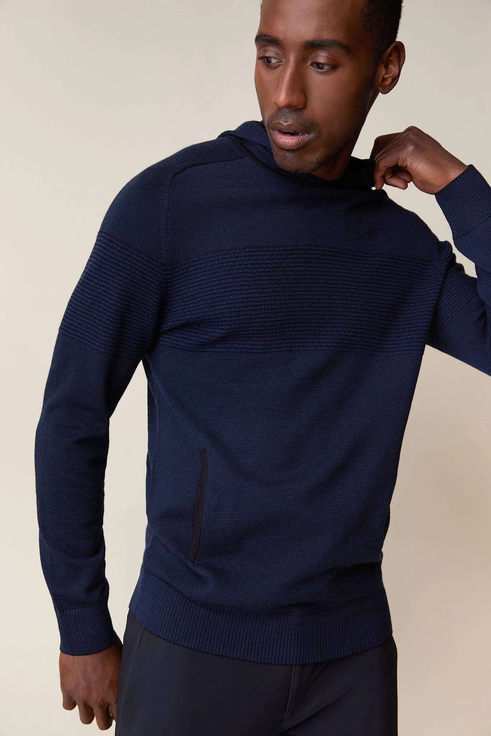 Two tone merino wool hooded sweater sold by Tristan Style