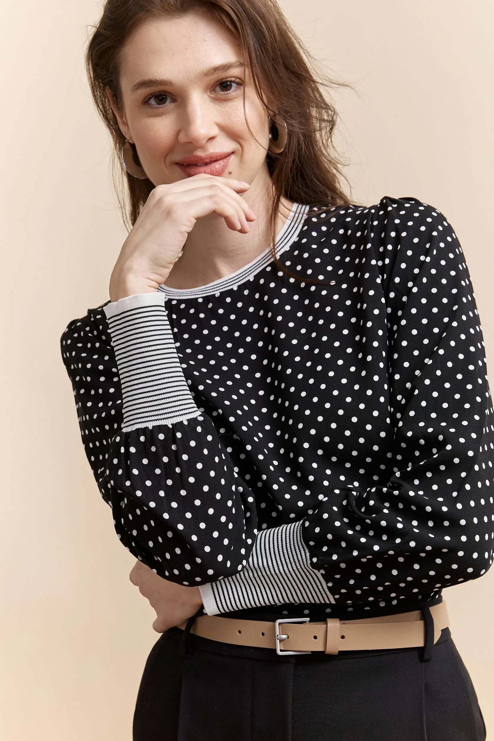 Polka dot blouse with puffy sleeves sold by Tristan Style