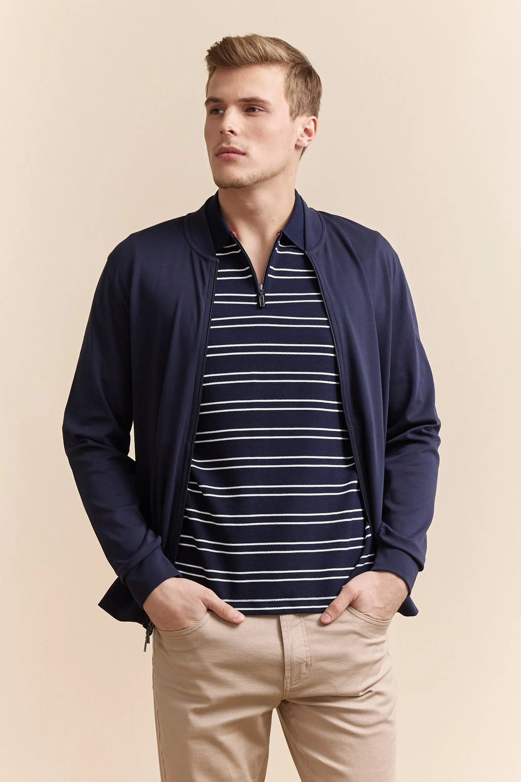 Nautical stripes zip polo sold by Tristan Style