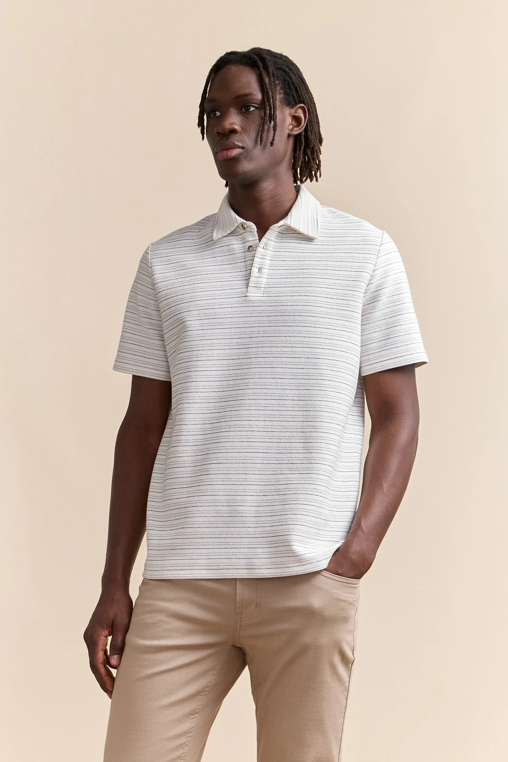 Polo with textured stripes sold by Tristan Style