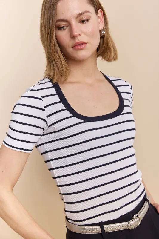 Striped ribbed t-shirt with scoop neck sold by Tristan Style