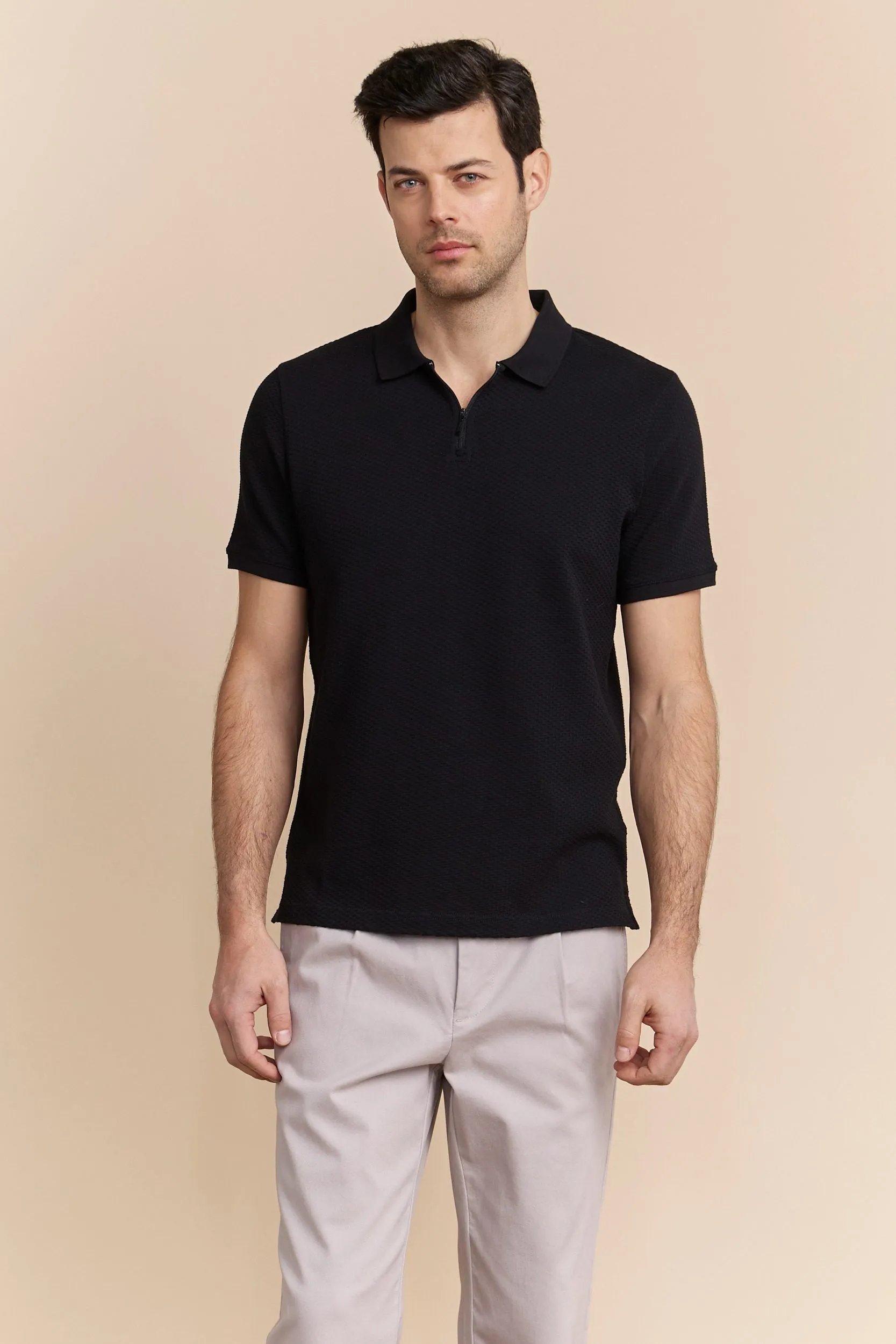 Johnny-collar jacquard polo sold by Tristan Style