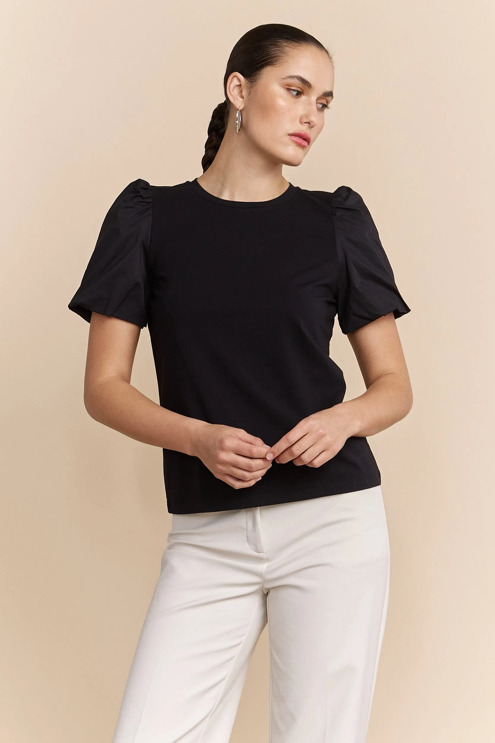 Mixted fabrics top with puffy sleeves sold by Tristan Style