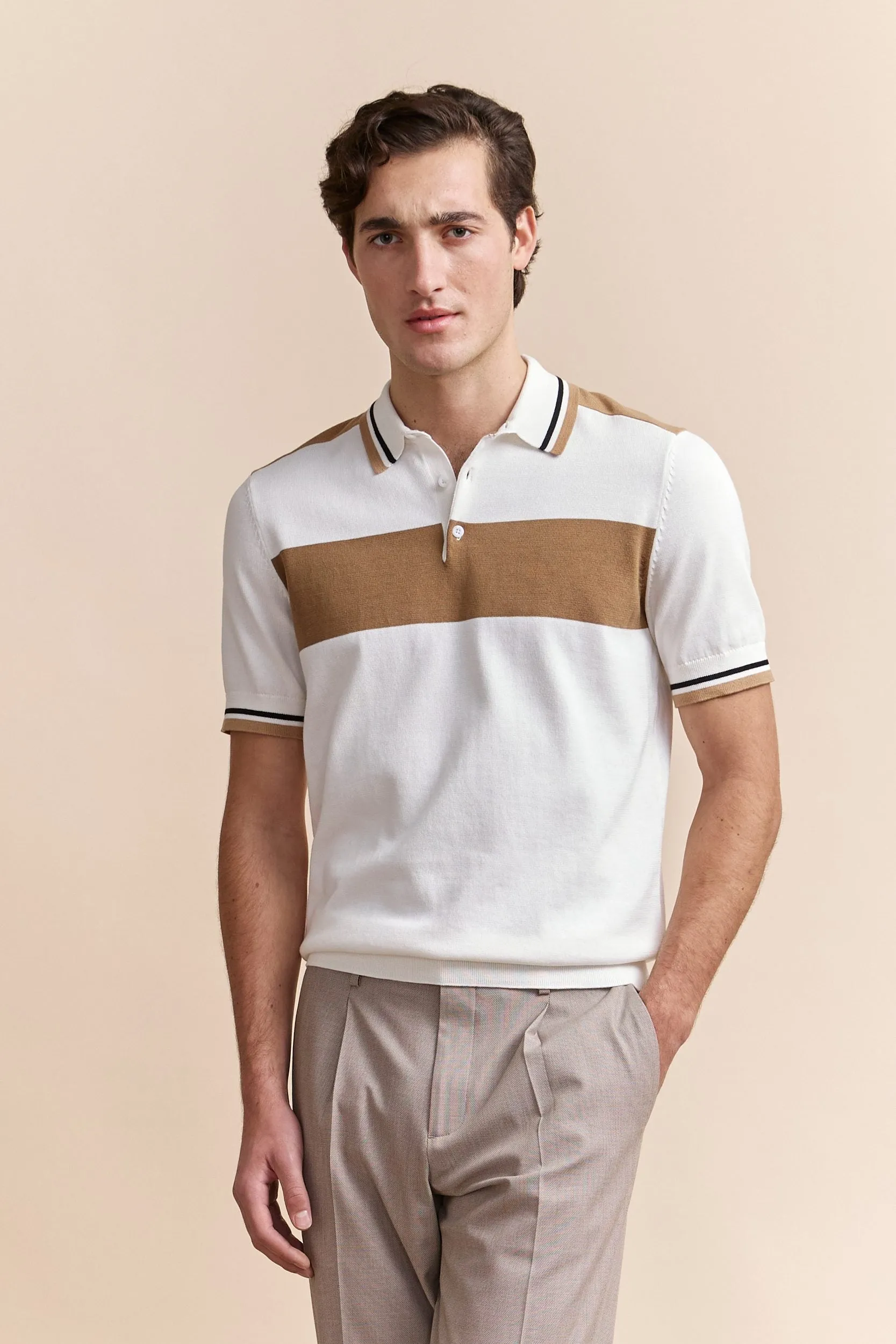 Color block knitted polo sold by Tristan Style