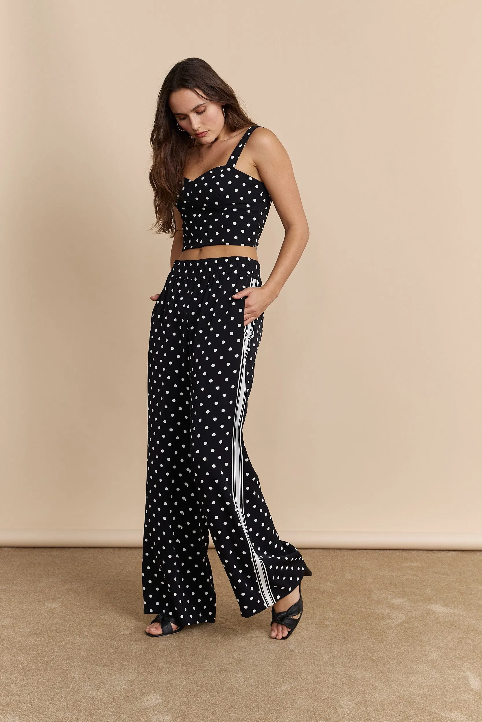 Polka dot wide leg pants sold by Tristan Style