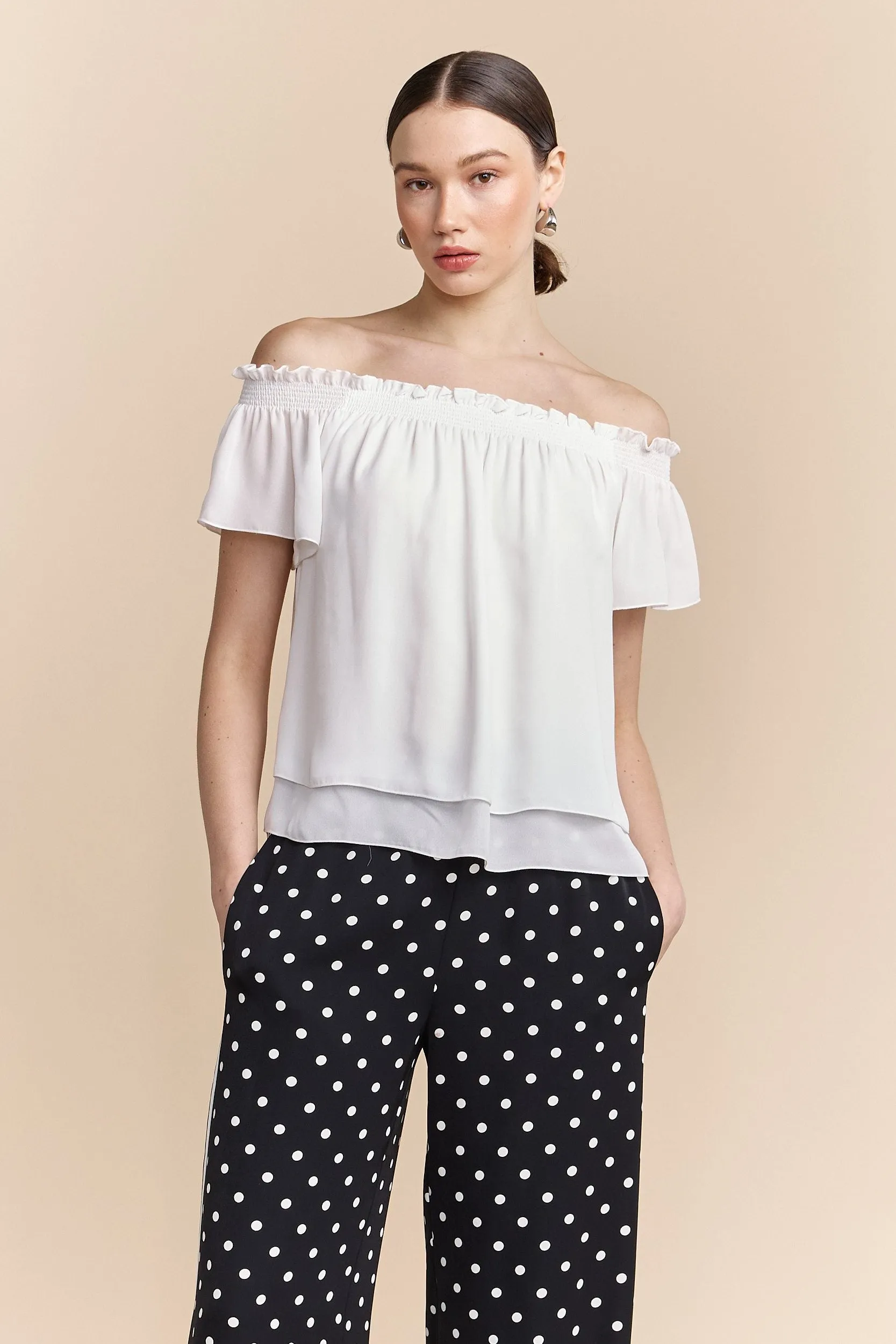 Off-the-shoulder top with ruching sold by Tristan Style