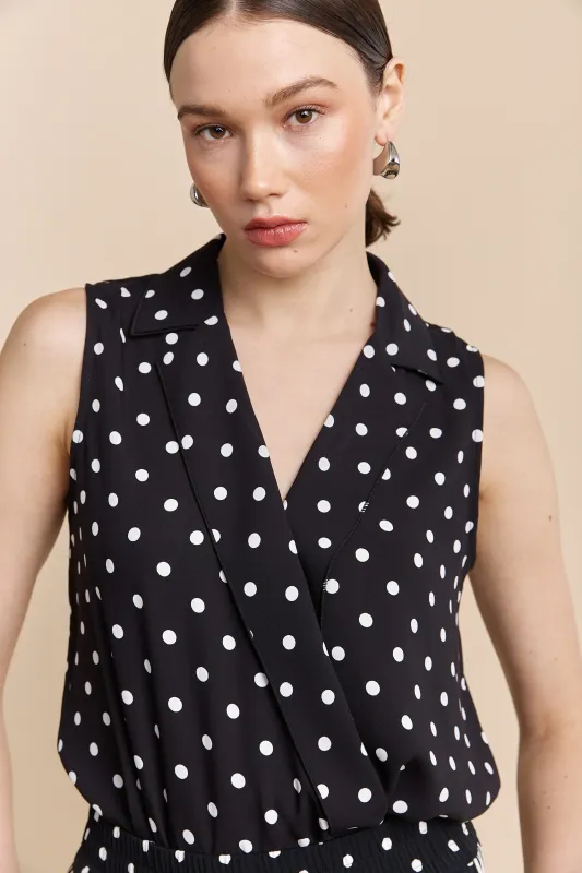 Polka dots sleeveless top with draped front sold by Tristan Style