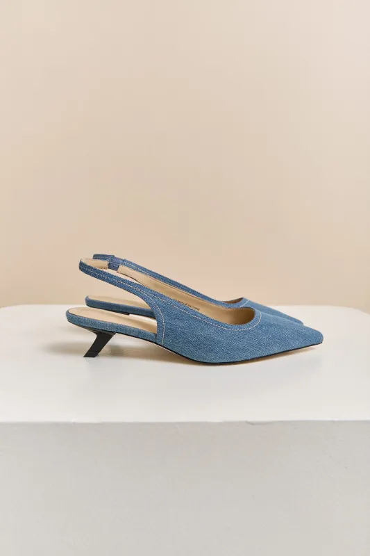 Denim kitten heels sold by Tristan Style