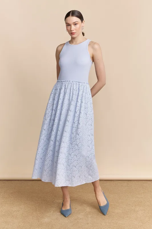 Mixed fabric sleeveless dress sold by Tristan Style