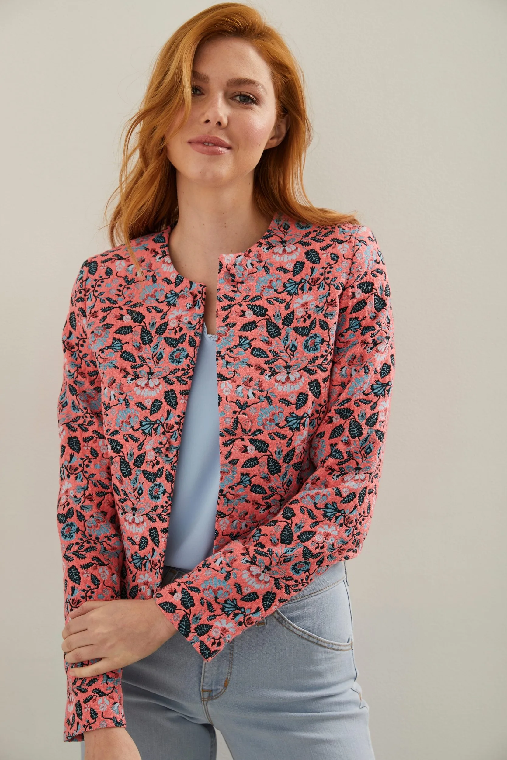Floral jaquard cropped blazer sold by Tristan Style