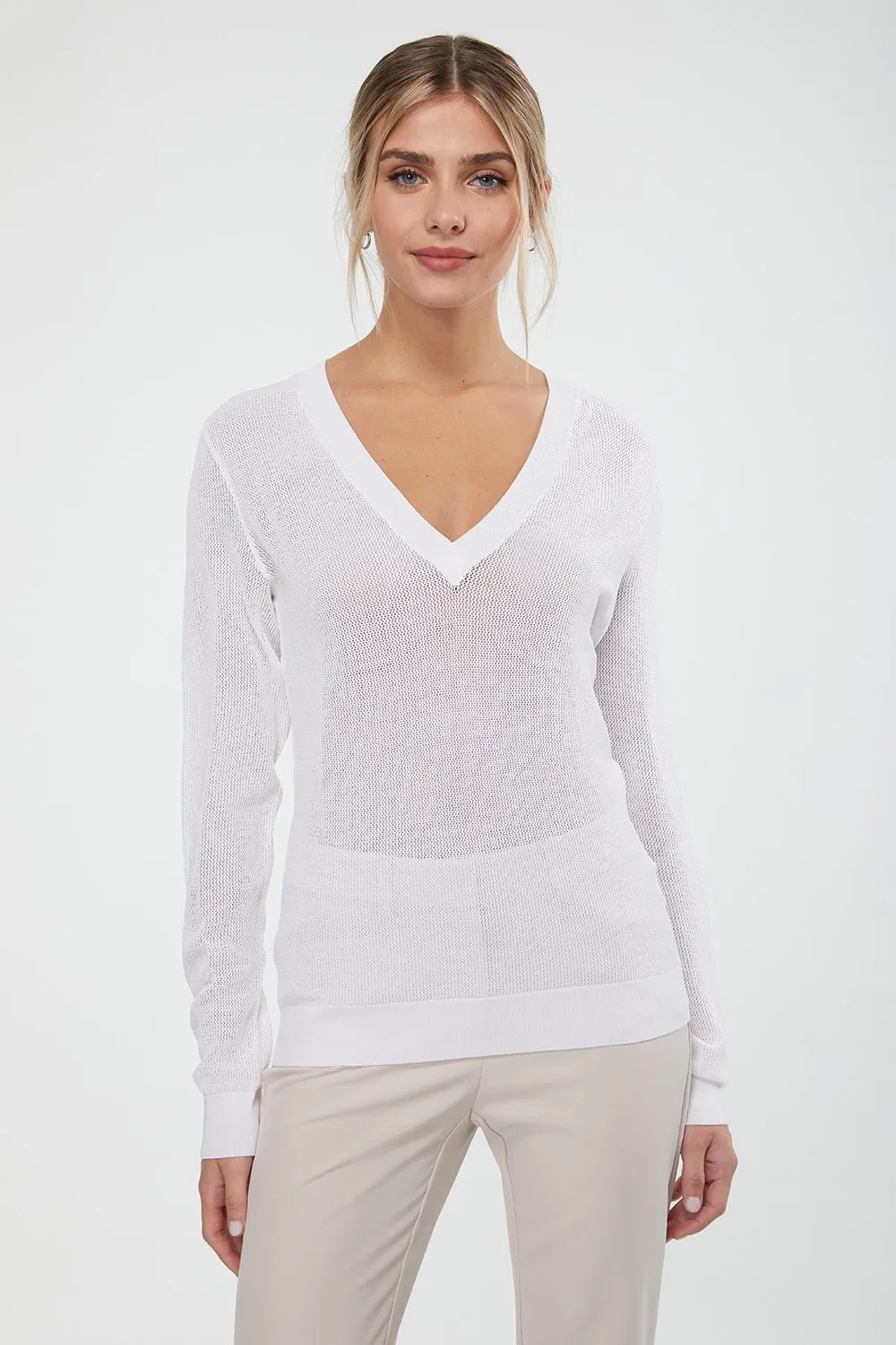 Mesh V neck sweater sold by Tristan Style