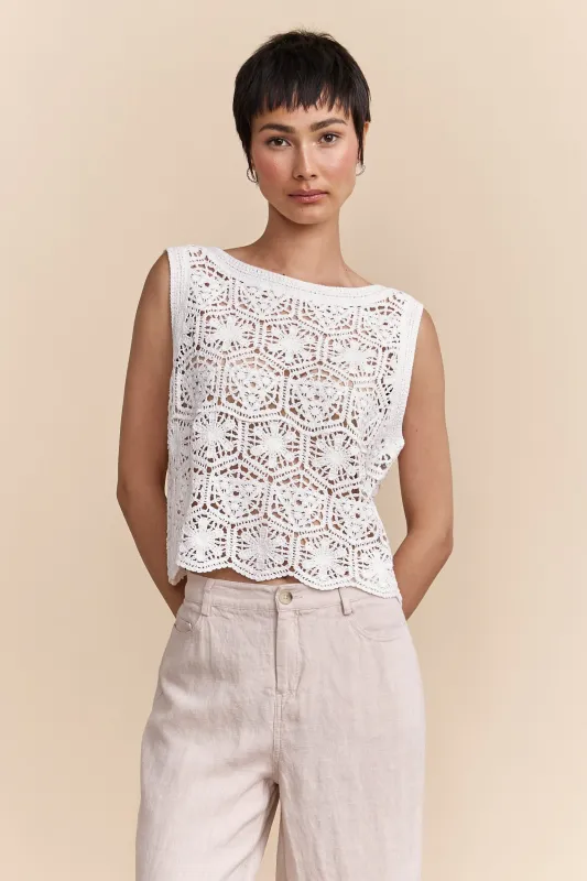 White crochet top sold by Tristan Style