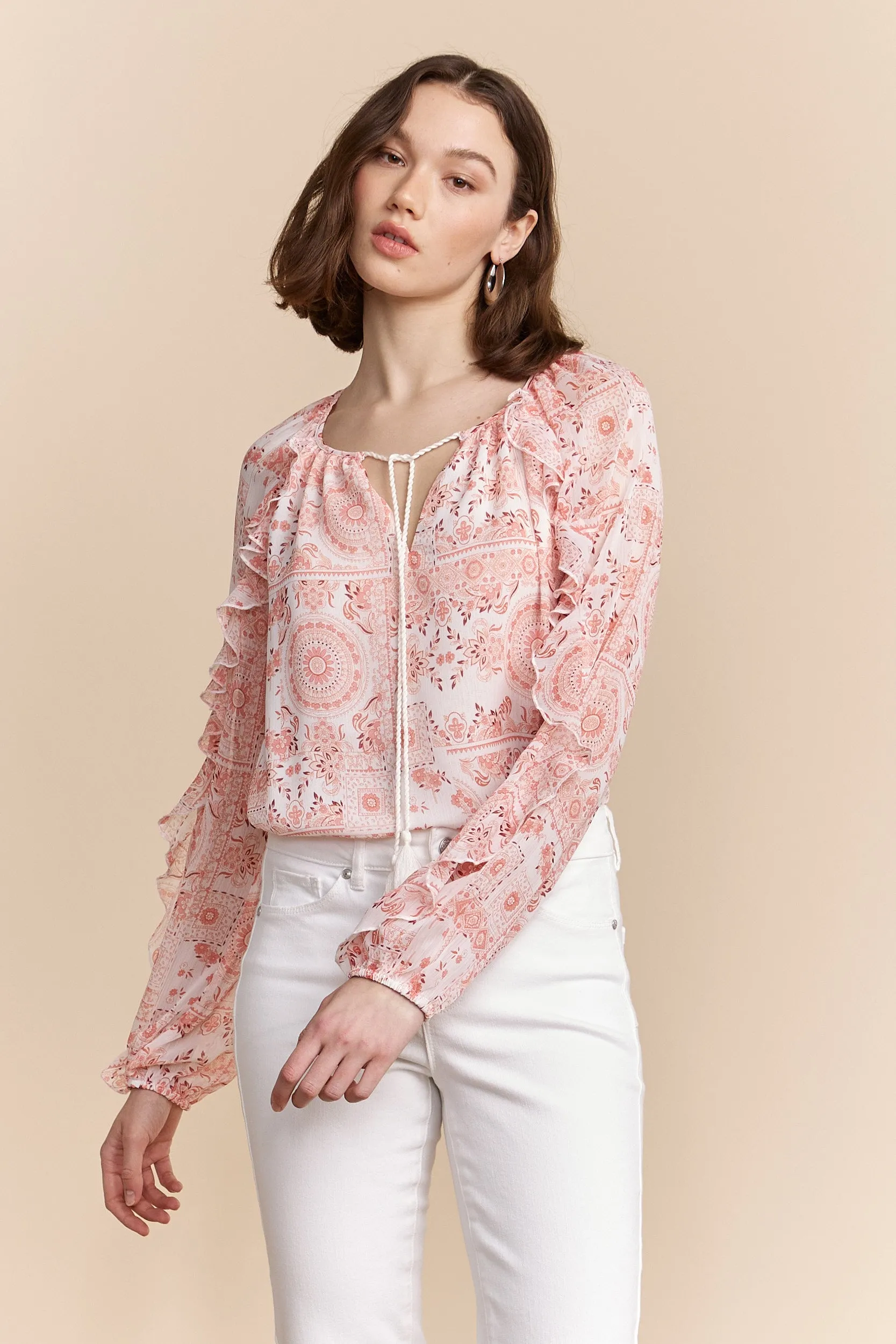 Printed blouse with frills and tie sold by Tristan Style product image thumbnail 2