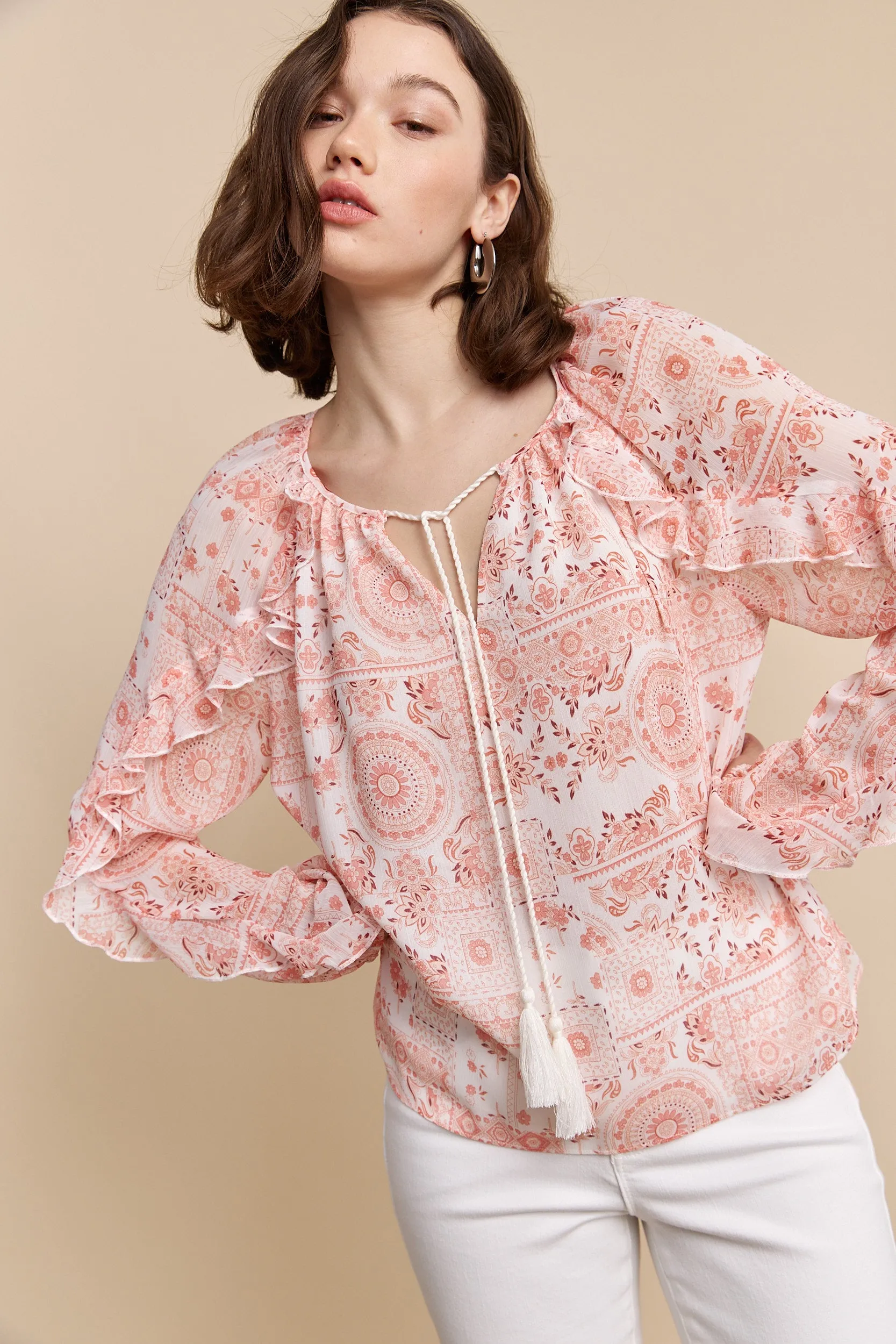 Printed blouse with frills and tie sold by Tristan Style product image thumbnail 4