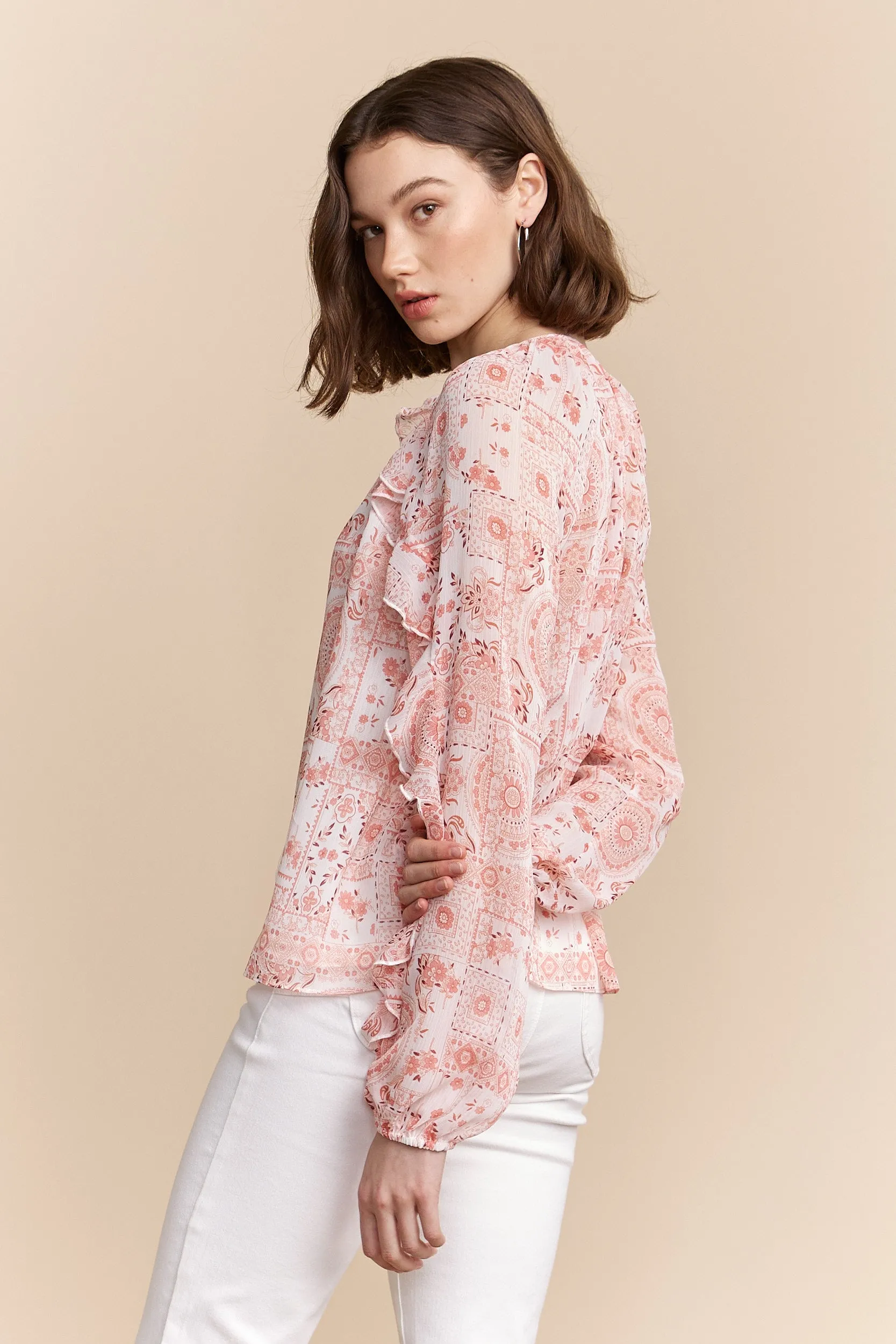 Printed blouse with frills and tie sold by Tristan Style