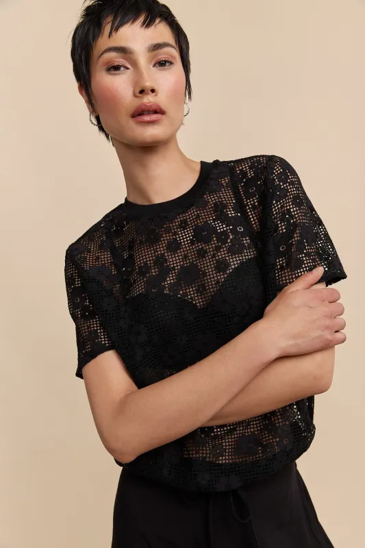 Lace boxy short sleeve top with drawstring sold by Tristan Style
