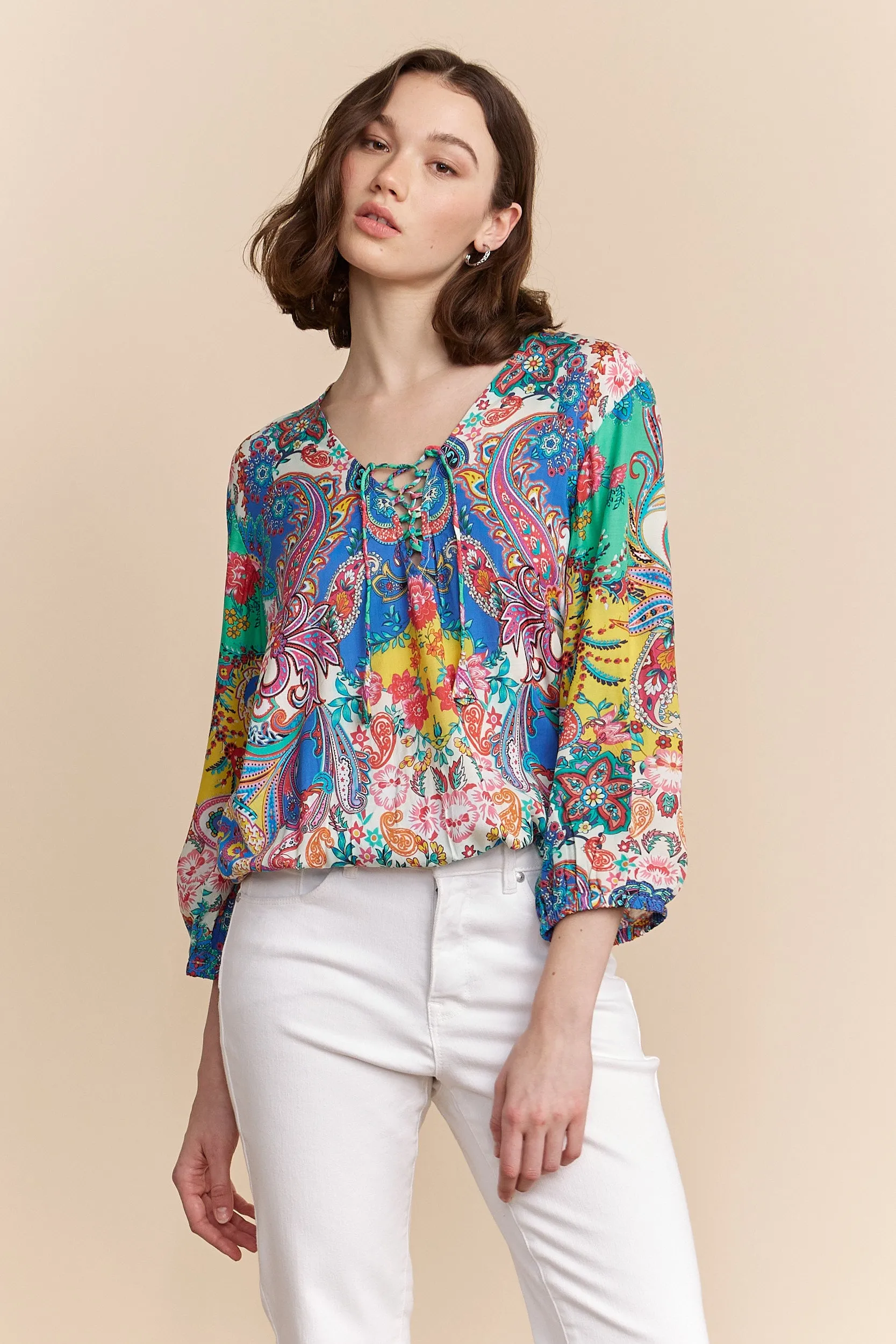 Paisley print lace-up blouse sold by Tristan Style