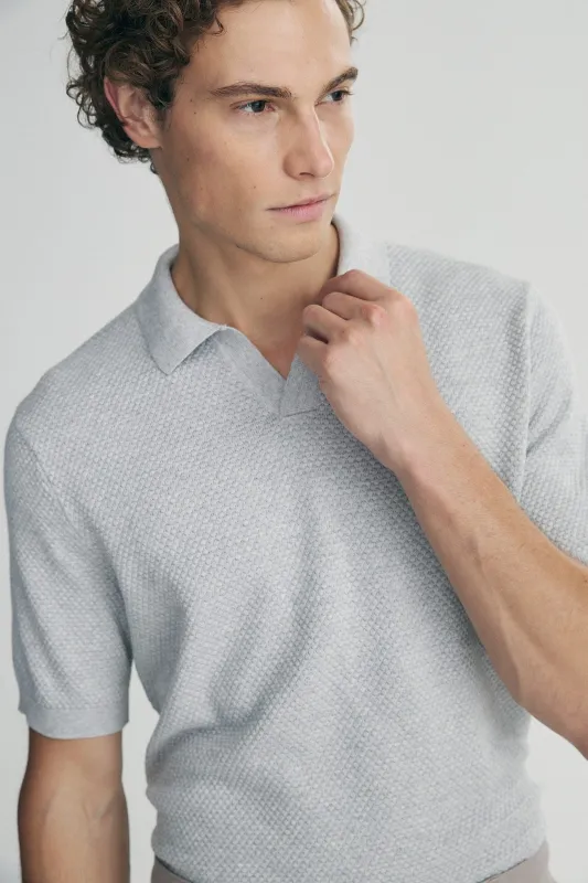 Textured johnny collar polo sold by Tristan Style