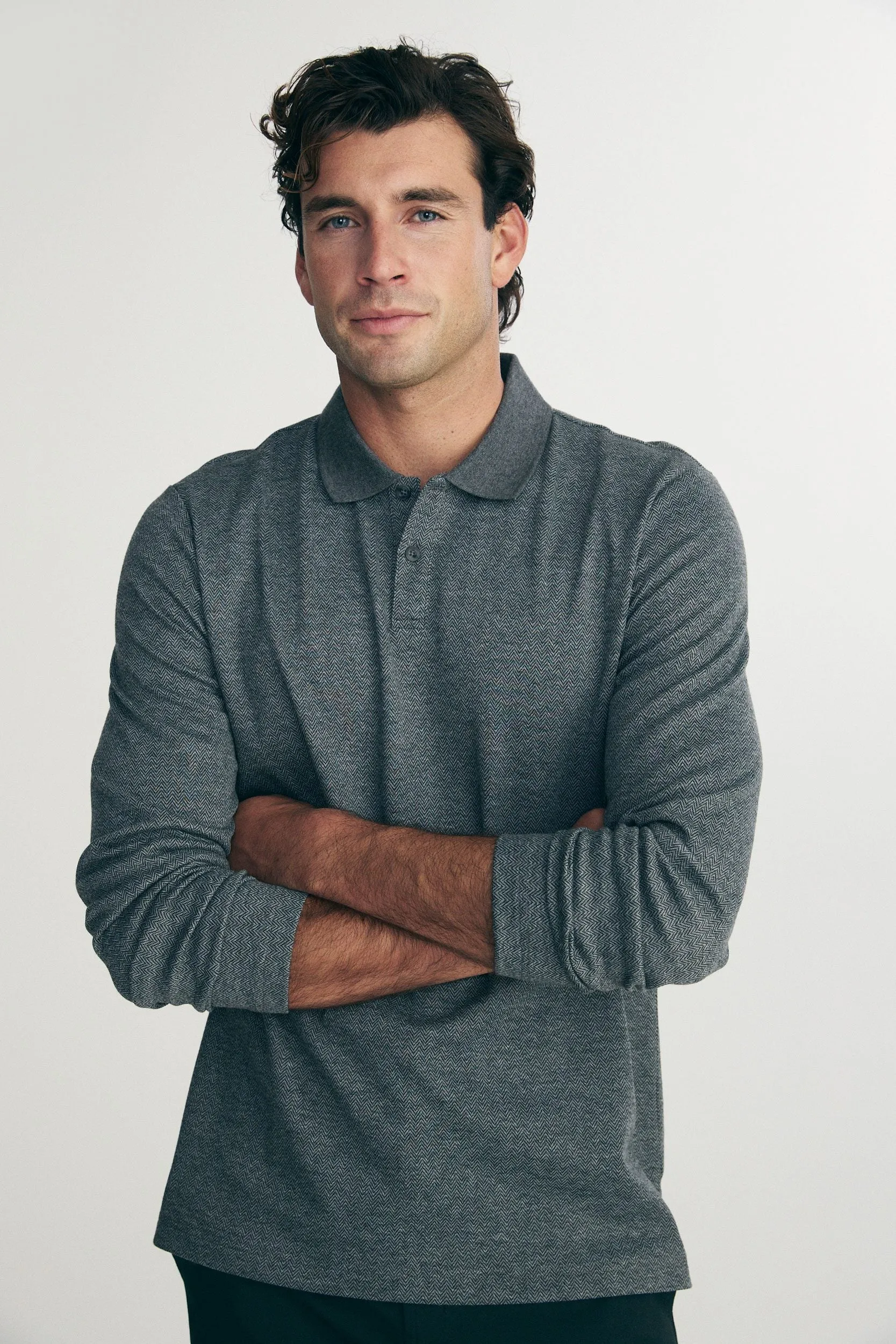 Long sleeve herringbone polo sold by Tristan Style