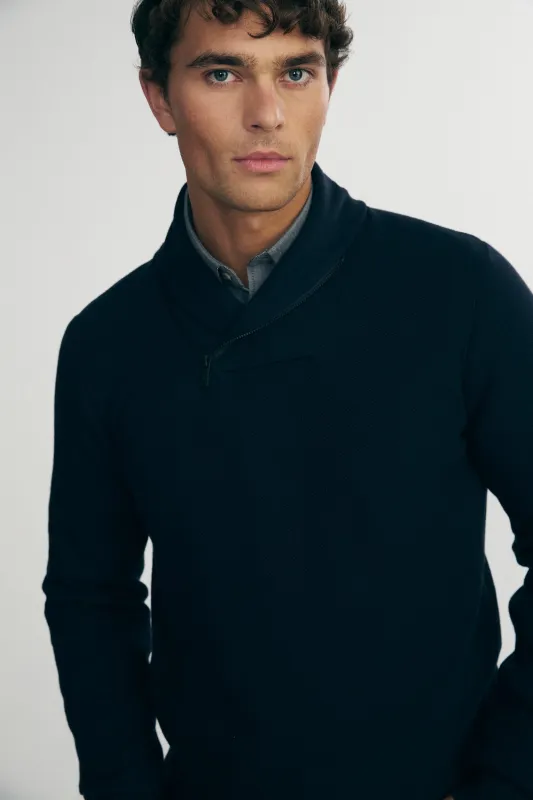 Textured shawl collar sweater sold by Tristan Style