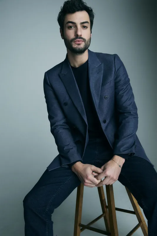 Denim-look double-breasted fitted blazer made by Tristan Style