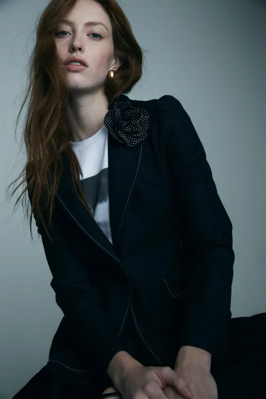 Fitted blazer with removable flower brooch made by Tristan Style