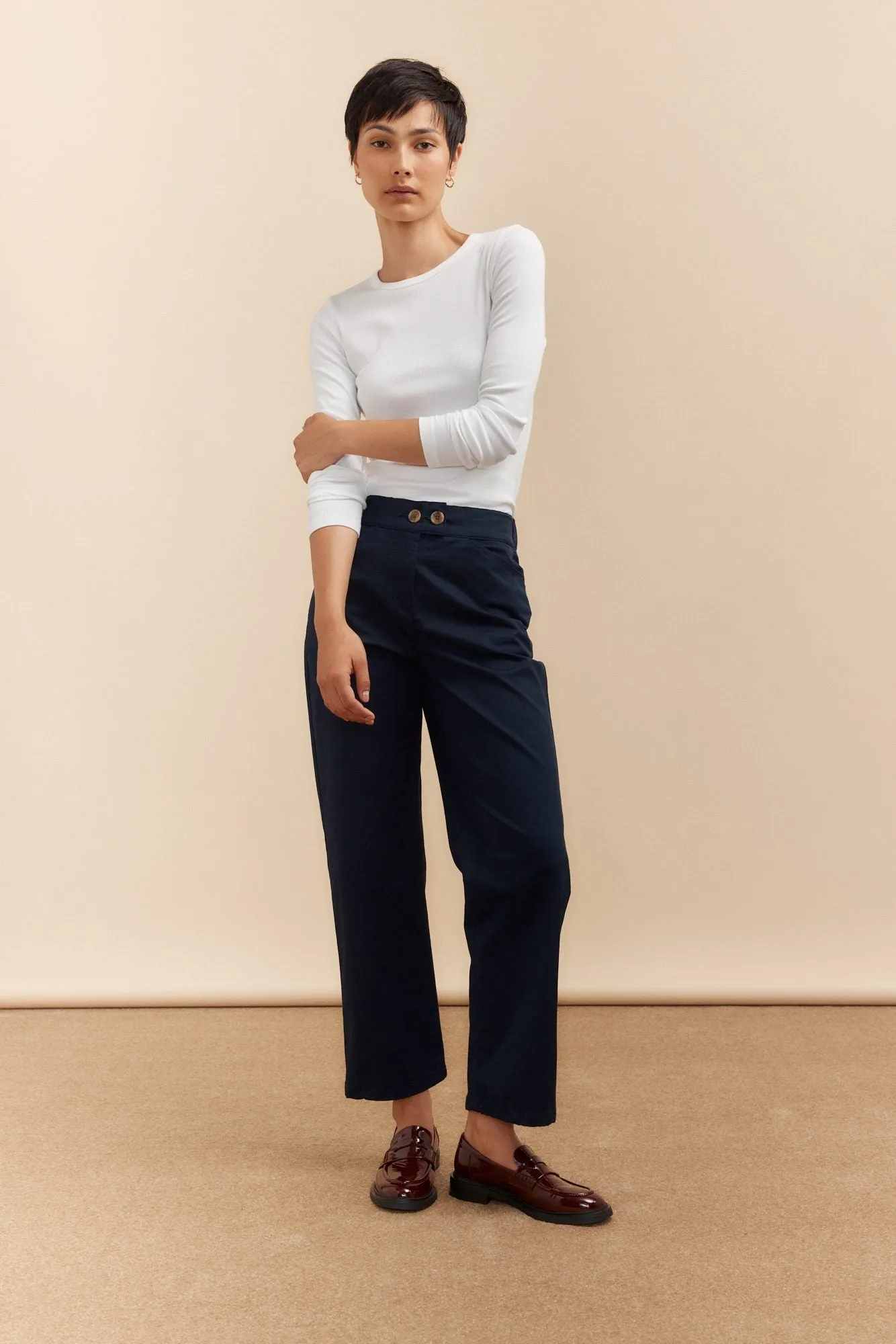 Adjustable ankle high-rise pants sold by Tristan Style