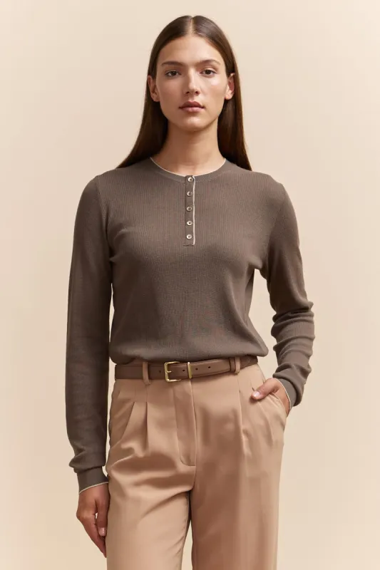 Henley collar sweater with lurex detail sold by Tristan Style