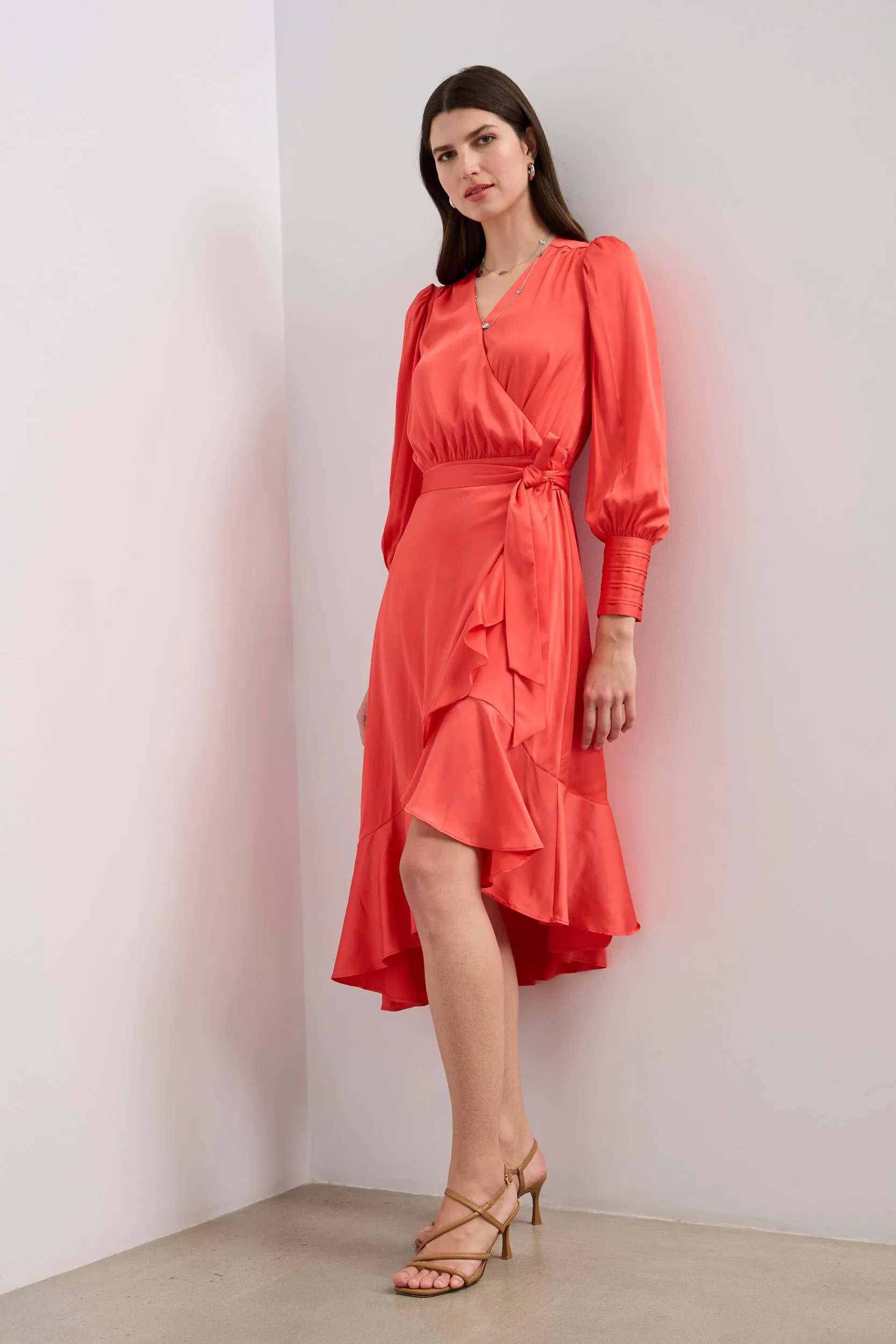 Satin wrap dress with puff sleeves sold by Tristan Style