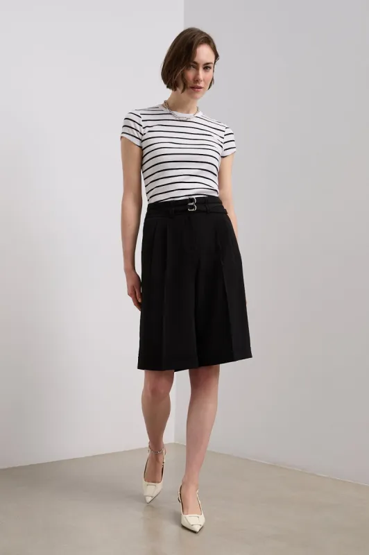 Pleated bermuda shorts with double belts sold by Tristan Style