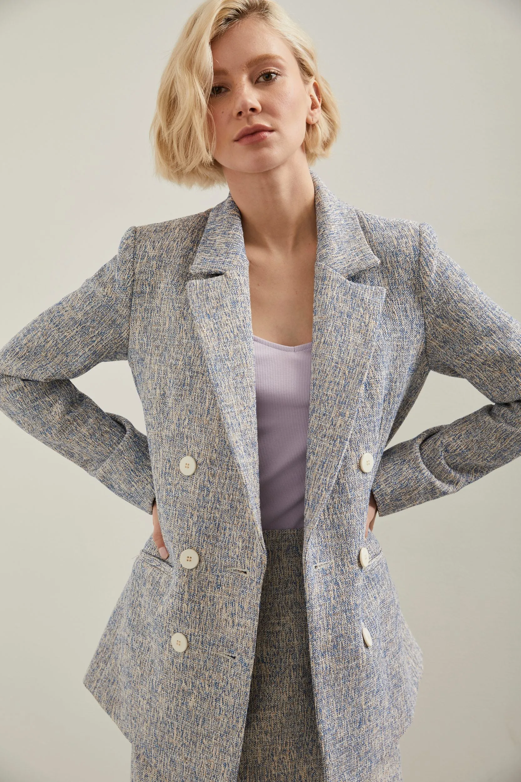 Double breast tweed jacket sold by Tristan Style