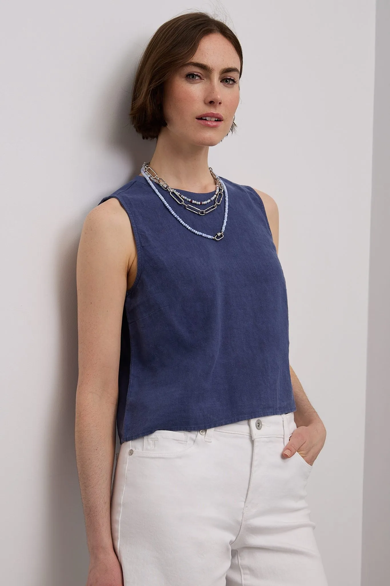 Sleeveless linen crop top sold by Tristan Style