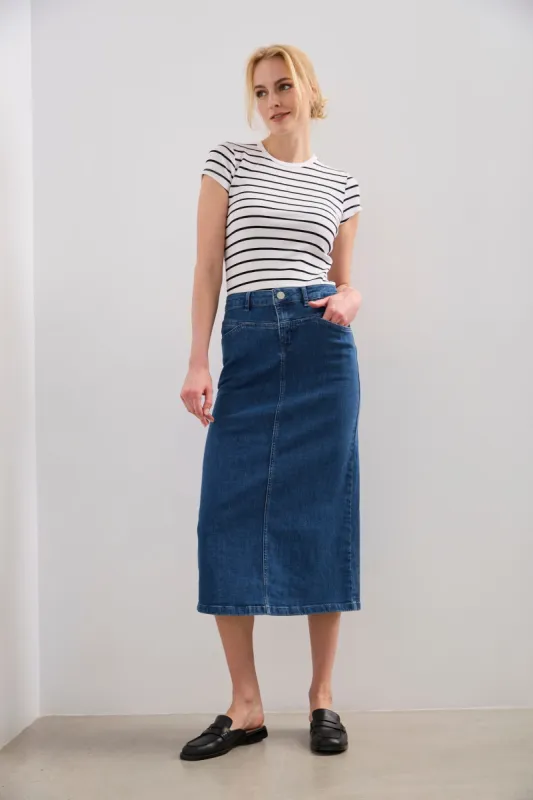 Long denim skirt with slit sold by Tristan Style