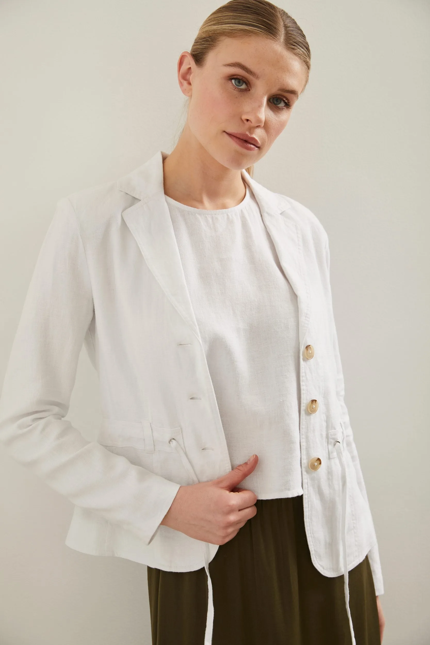 Casual linen blazer with drawstring sold by Tristan Style