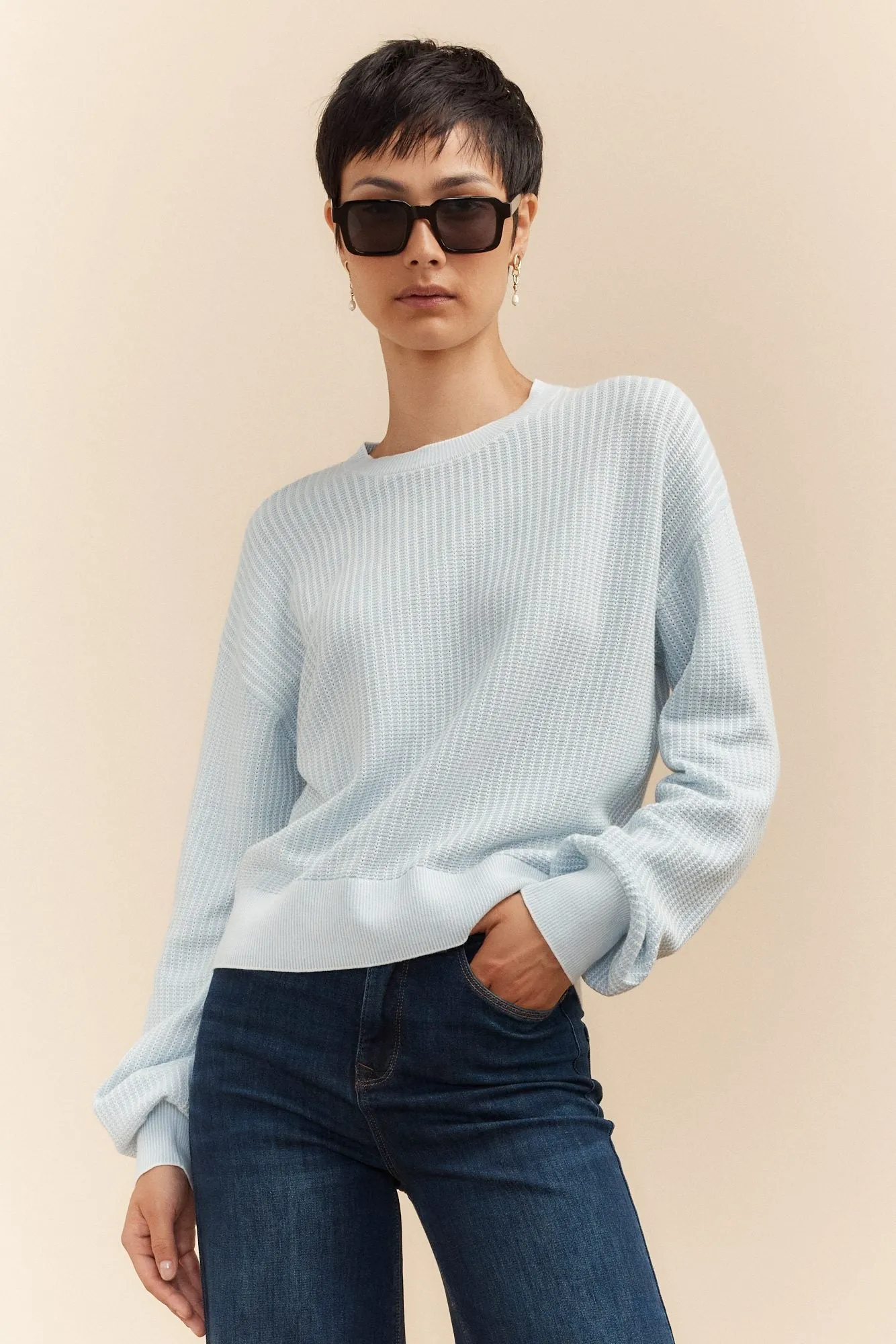 Crew neck sweater with puffy sleeves sold by Tristan Style