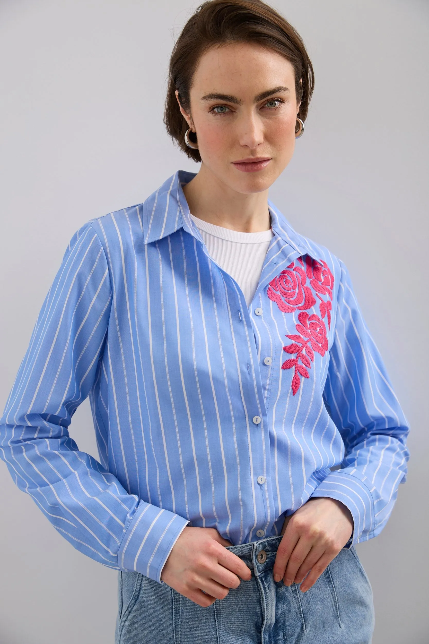 Stripped shirt with embroidery sold by Tristan Style