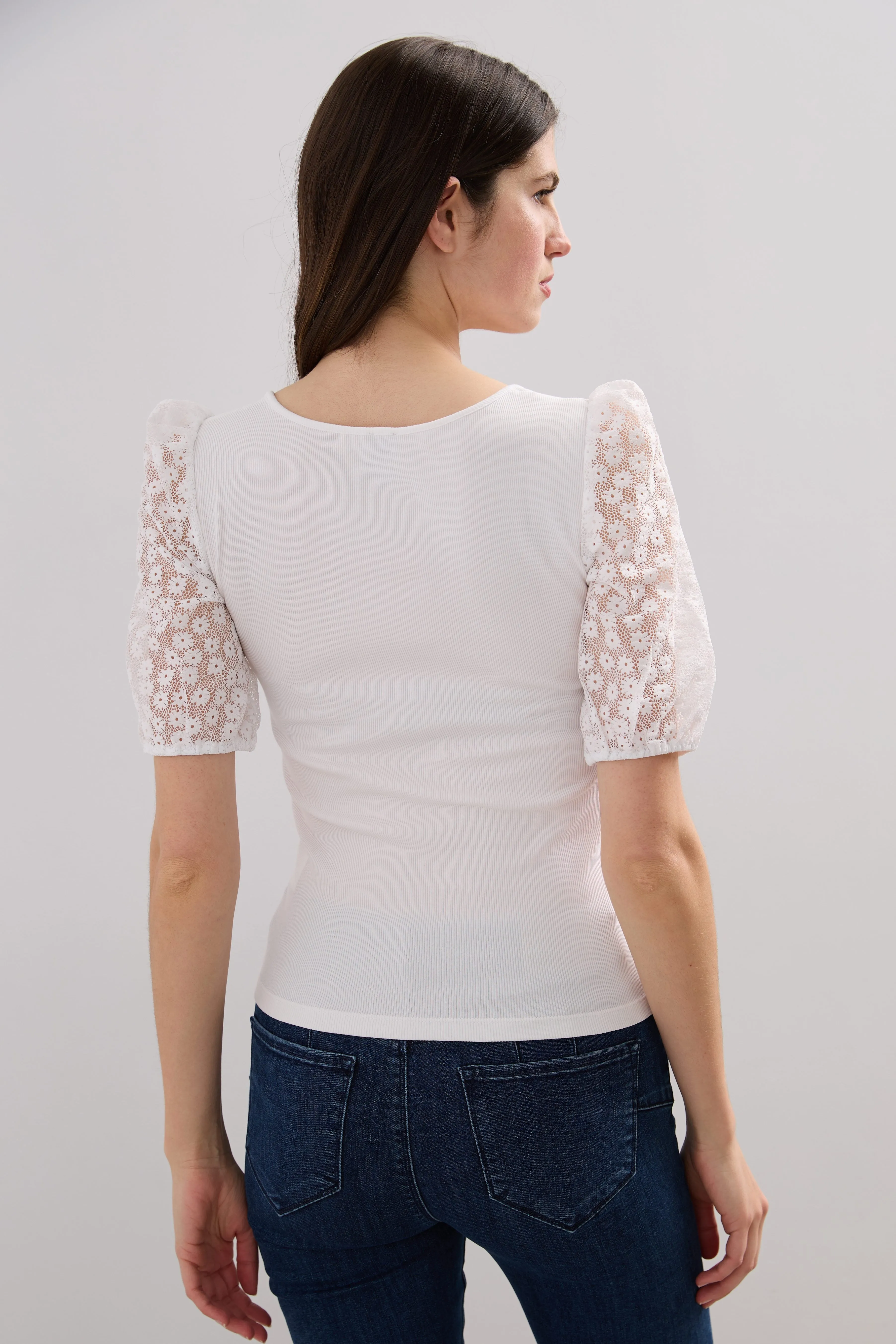 Rib top with puffy lace sleeves sold by Tristan Style product image thumbnail 2
