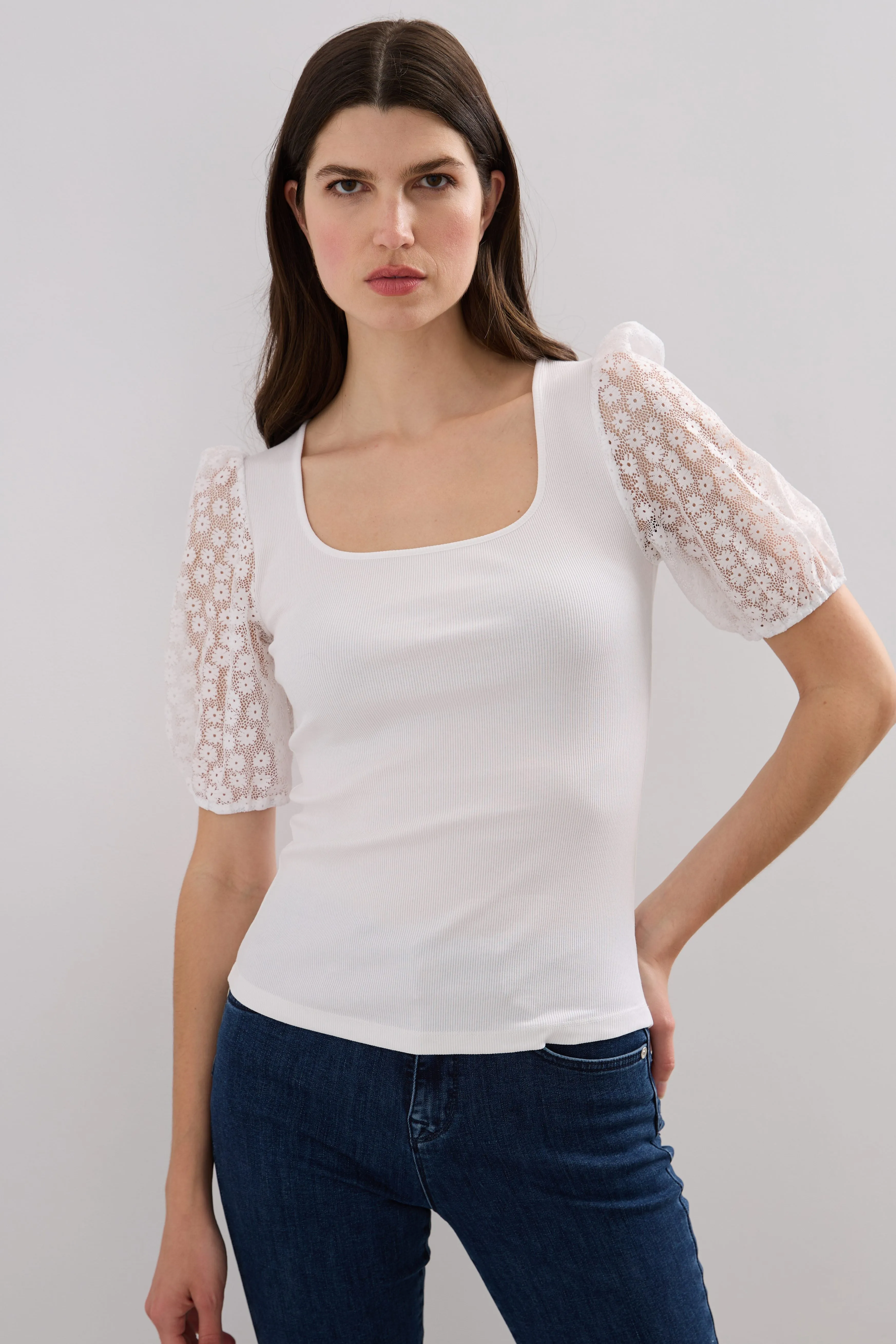 Rib top with puffy lace sleeves sold by Tristan Style