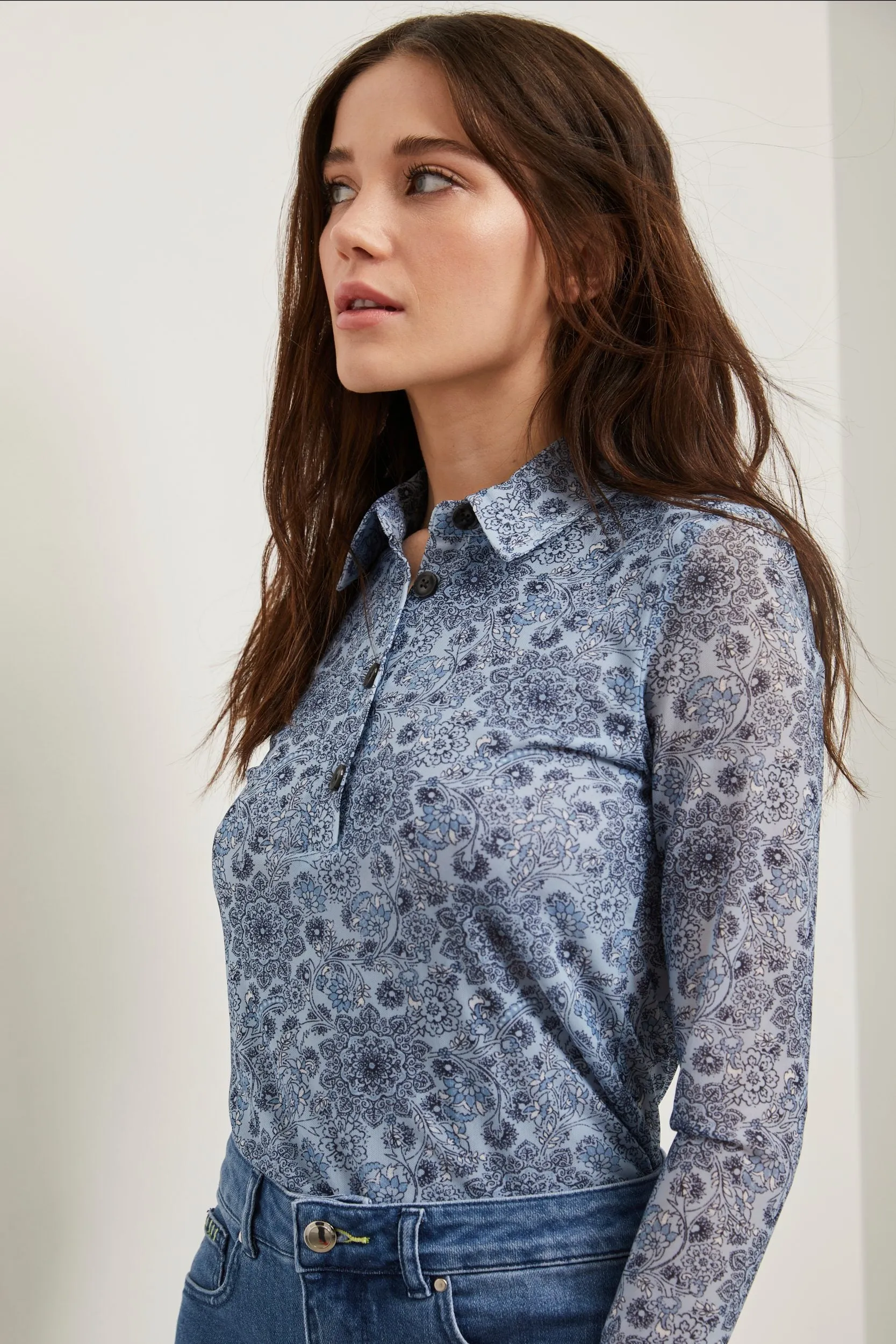 Micro mesh printed top with polo collar sold by Tristan Style product image thumbnail 2