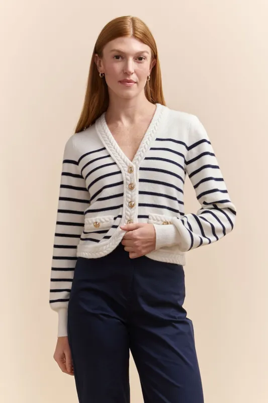 Striped cardigan in soft wool and cashmere sold by Tristan Style
