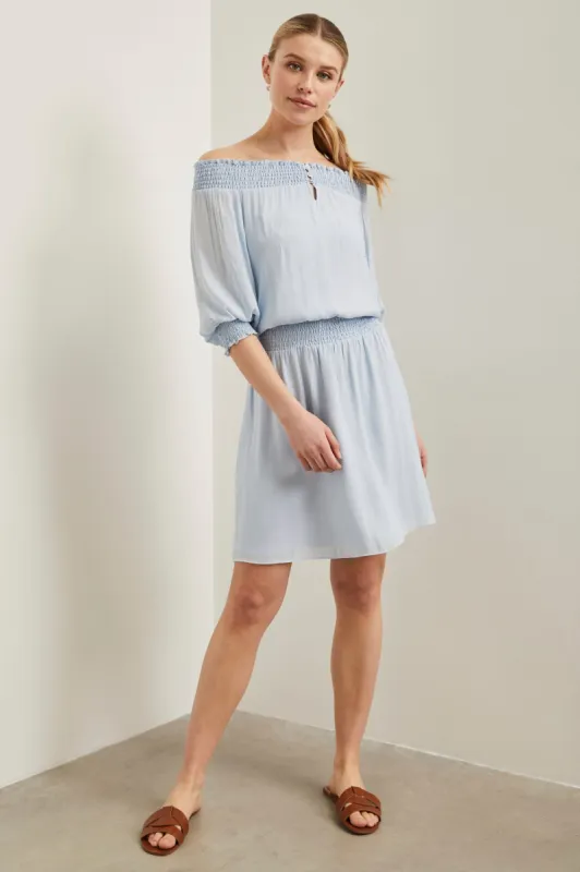 Off shoulder dress with ruching sold by Tristan Style