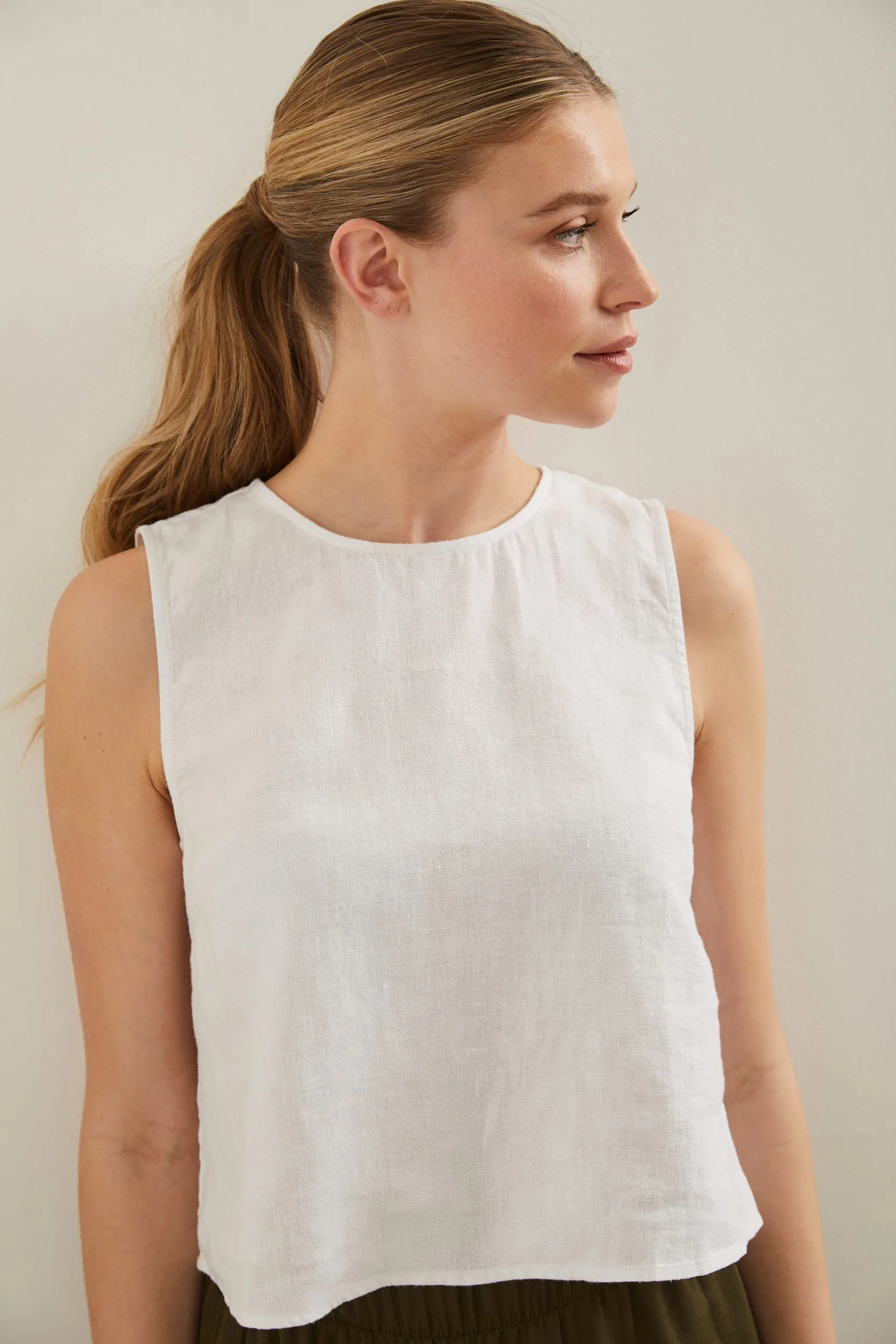 Sleeveless linen cropped top sold by Tristan Style